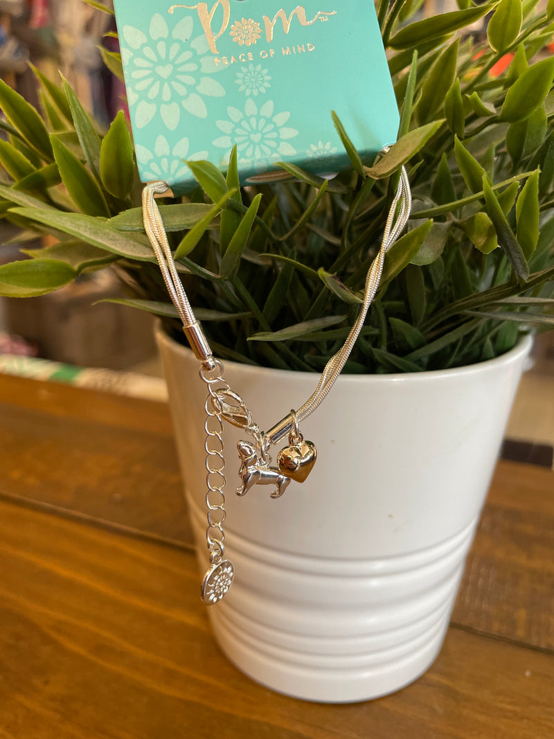 POM SILVER TRIPLE CHAIN BRACELET WITH DACHSHUND AND HEART