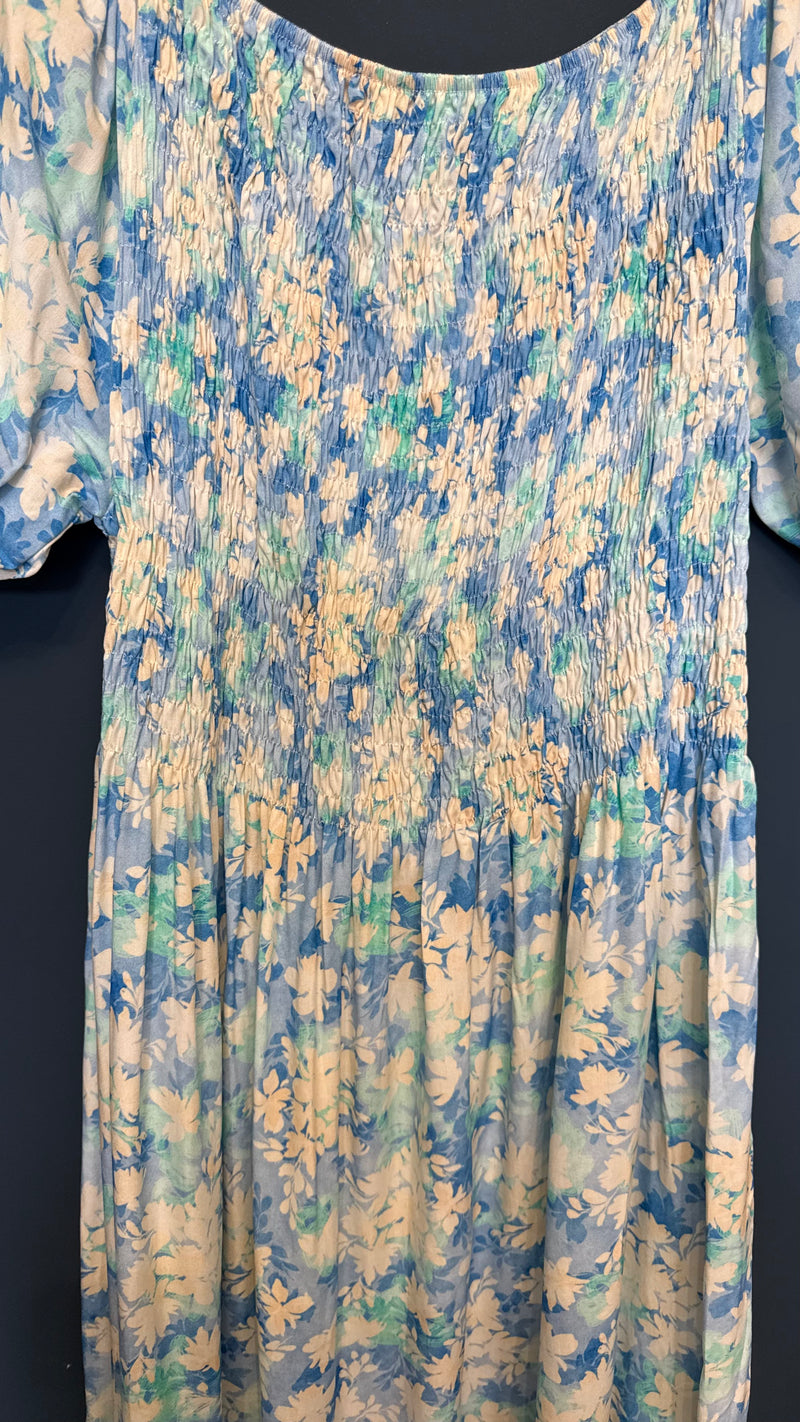 GOOSE ISLAND - SHIRRED FLORAL BLUE MIDAXI DRESS
