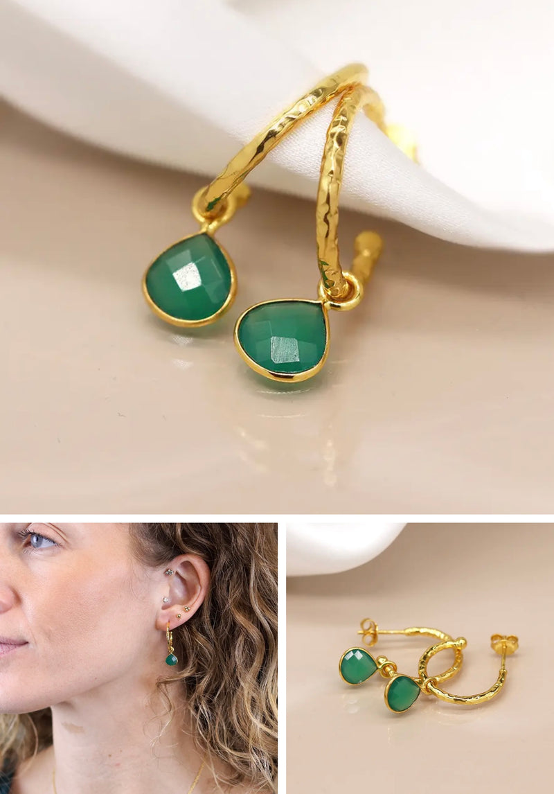 14k gold plated textured hoop green onyx drop earrings