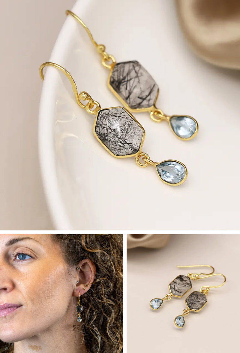 POM - 14k gold plated hexagonal rutile and topaz drop earrings