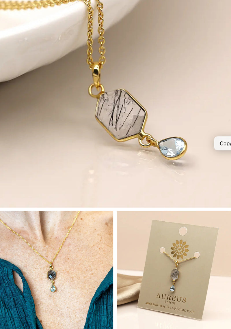 POM - 14 carat gold hexagonal black rutile pendant with blue topaz drops on fine gold plated earring hooks. From PoM's exclusive Aureus collection. Free display card included.